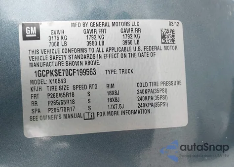 2012 Chevrolet Silverado 1500 Lt z USA, uszkodzony, nr VIN 1GCPKSE70CF199563